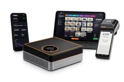 LNbits Merchant Stack hardware: mobile wallet, point of sale tablet, card terminal, and the LNbits box